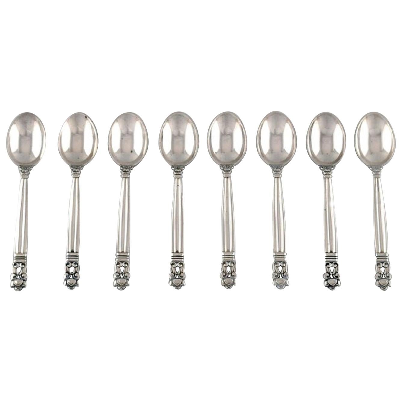 Eight Georg Jensen Acorn Coffee Spoons in Sterling Silver
