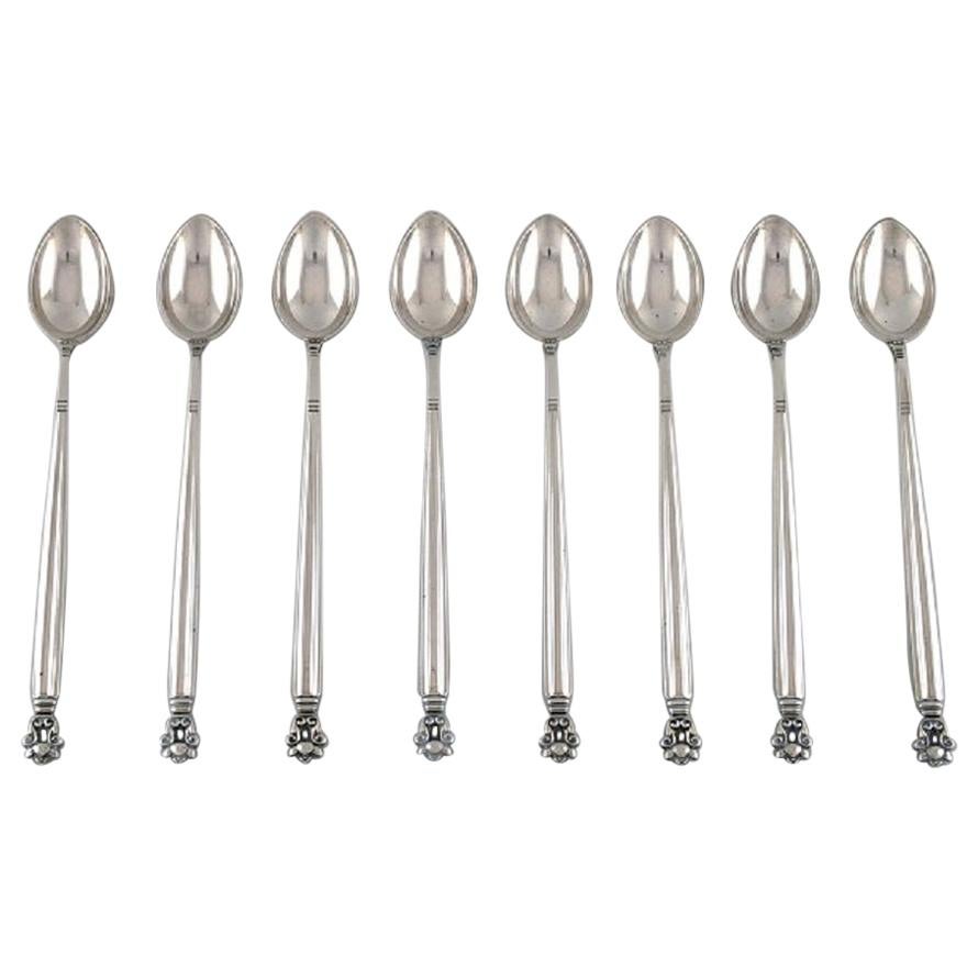 Eight Georg Jensen Acorn Ice Tea Spoons in Sterling Silver