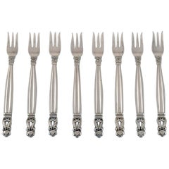 Eight Georg Jensen Acorn Oyster Forks in Sterling Silver