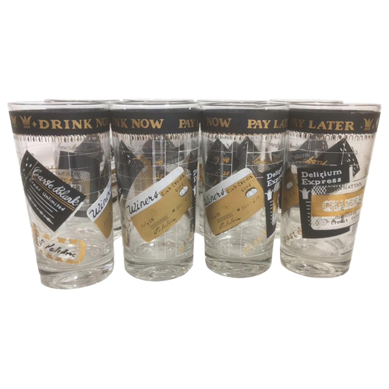 Eight Georges Briard, Drink Now, Pay Later, Credit Card Themed Highball Glasses For Sale