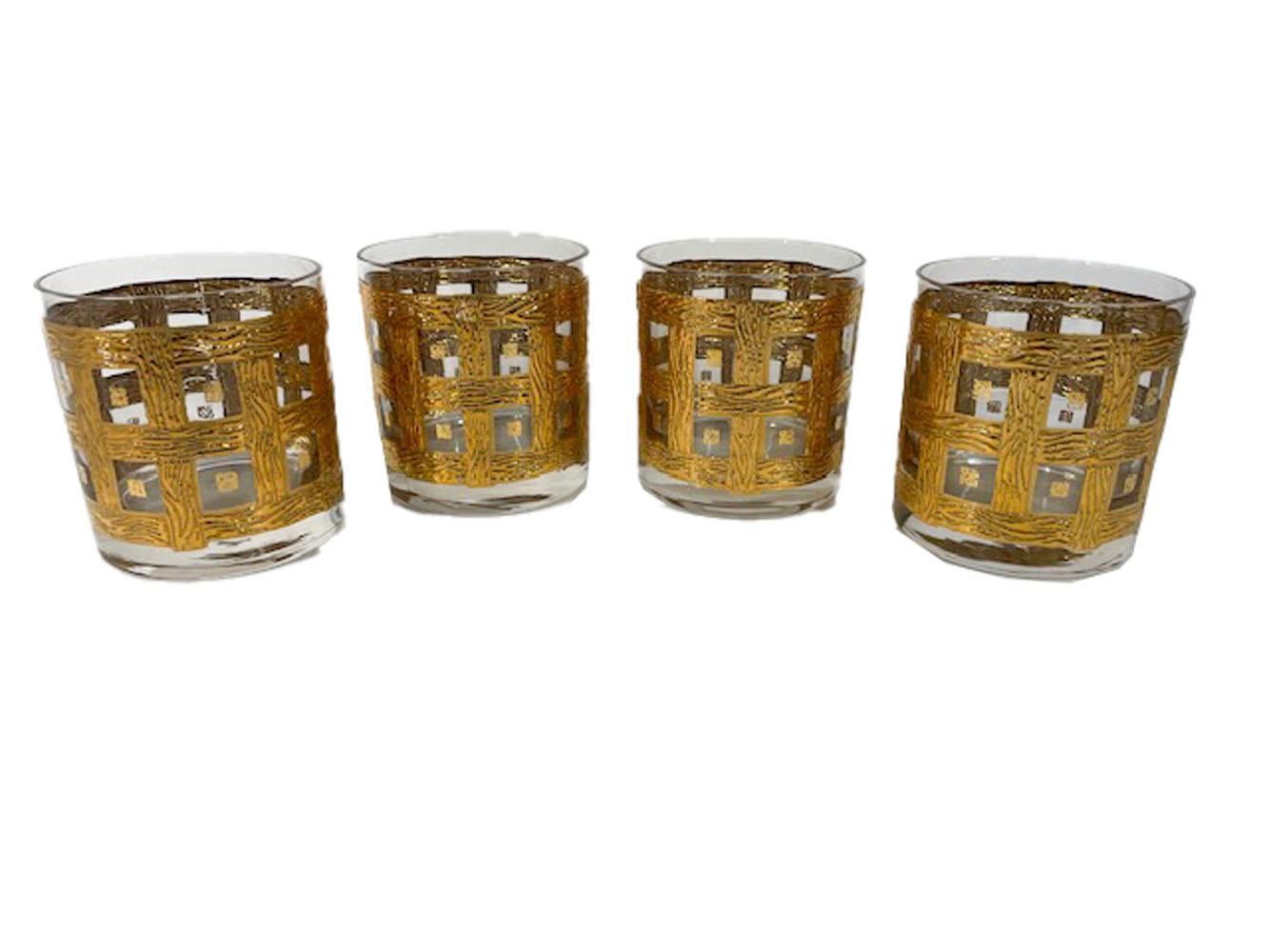 Mid-Century Modern Eight Georges Briard Rocks Glasses with 22k Gold Wood-Grained Lattice Design For Sale