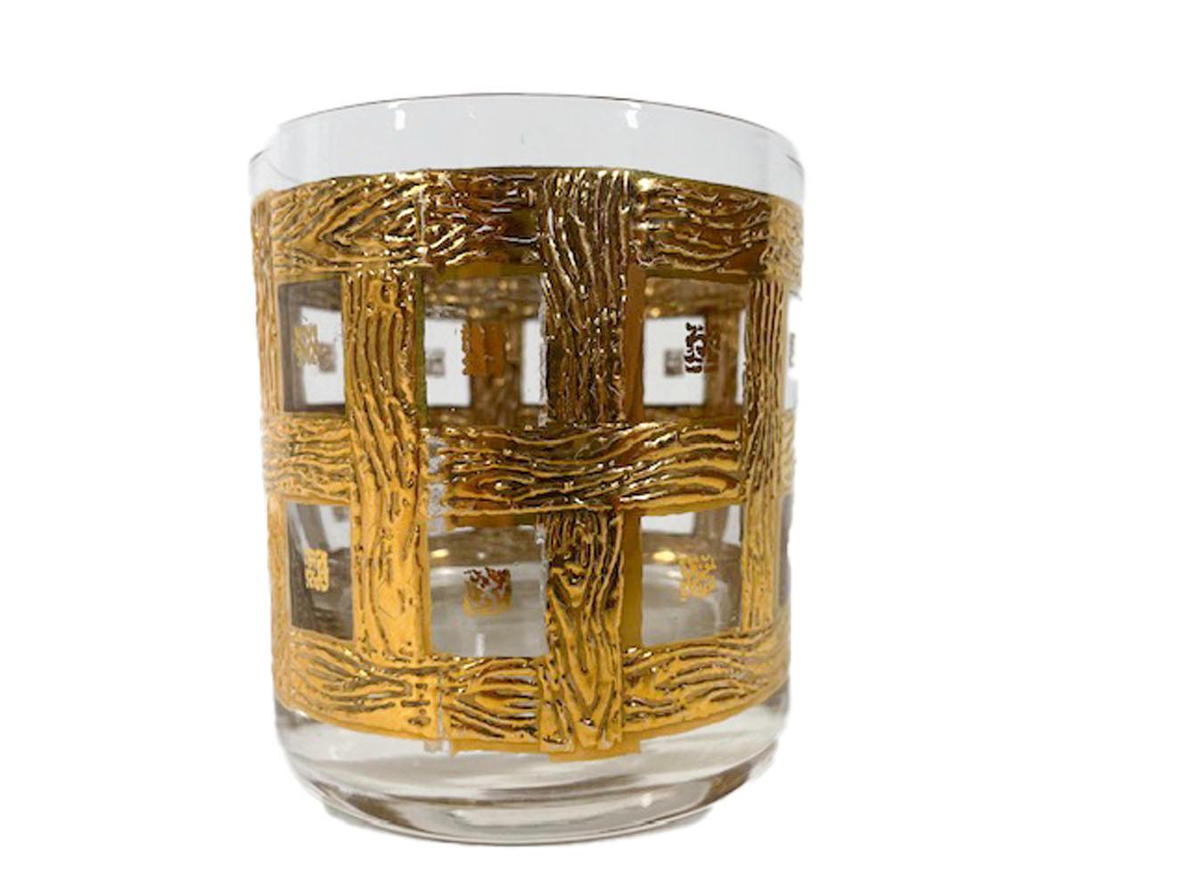 Acht Georges Briard Rocks Gläser mit 22k Goldholz-Holz-Gitter-Design im Zustand „Gut“ im Angebot in Nantucket, MA