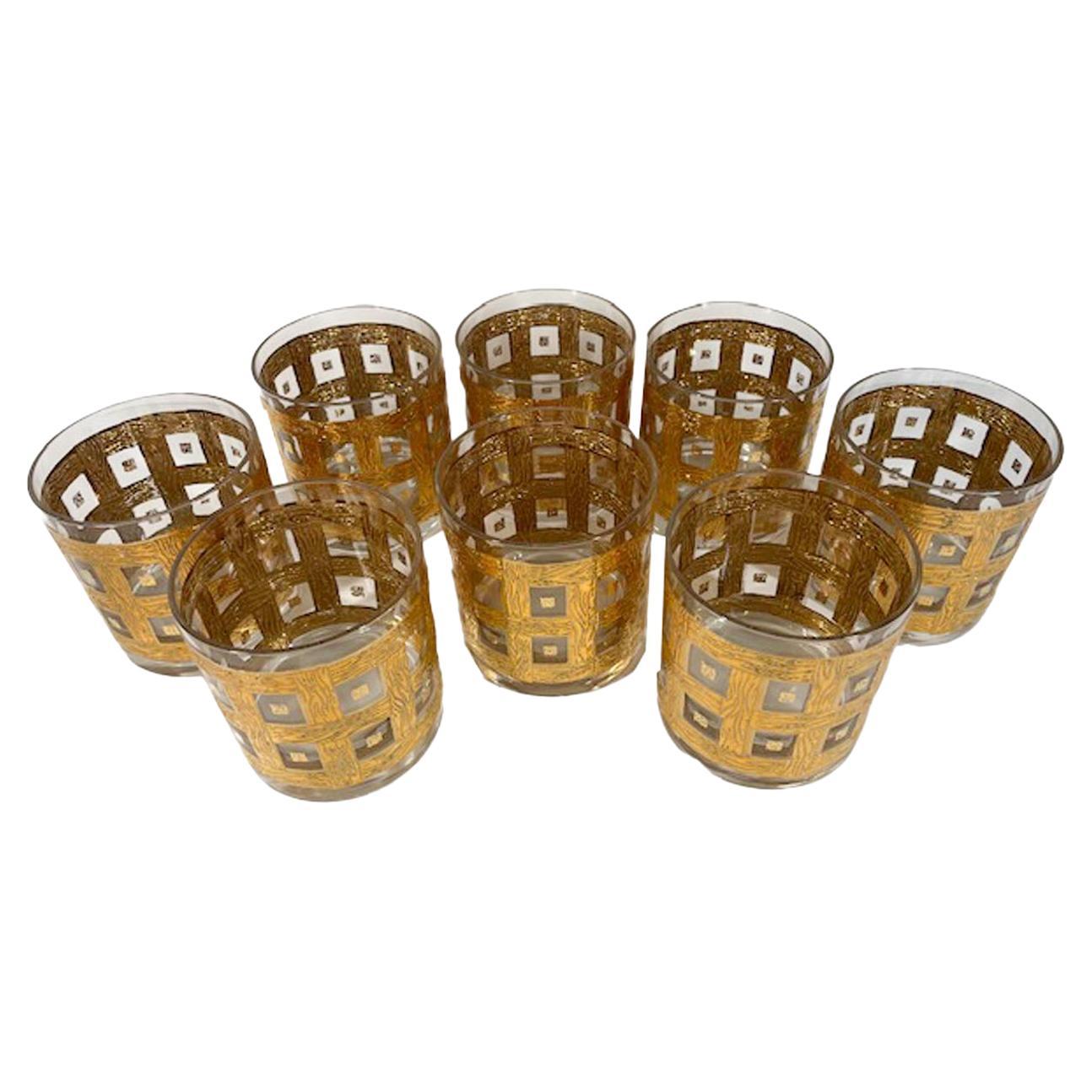 Eight Georges Briard Rocks Glasses with 22k Gold Wood-Grained Lattice Design