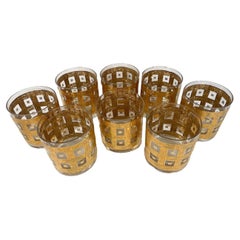 Eight Georges Briard Rocks Glasses with 22k Gold Wood-Grained Lattice Design