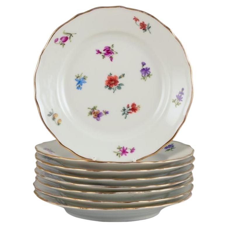 Acht deutsche Mittagsteller aus Porzellan. Handbemalt mit floralen Motiven. im Angebot