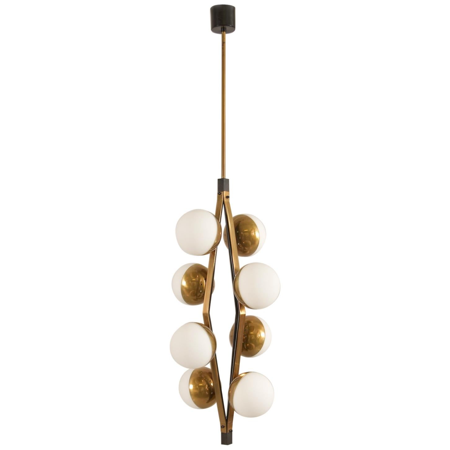 Eight Glass Globe Opaline Stilnovo Chandelier