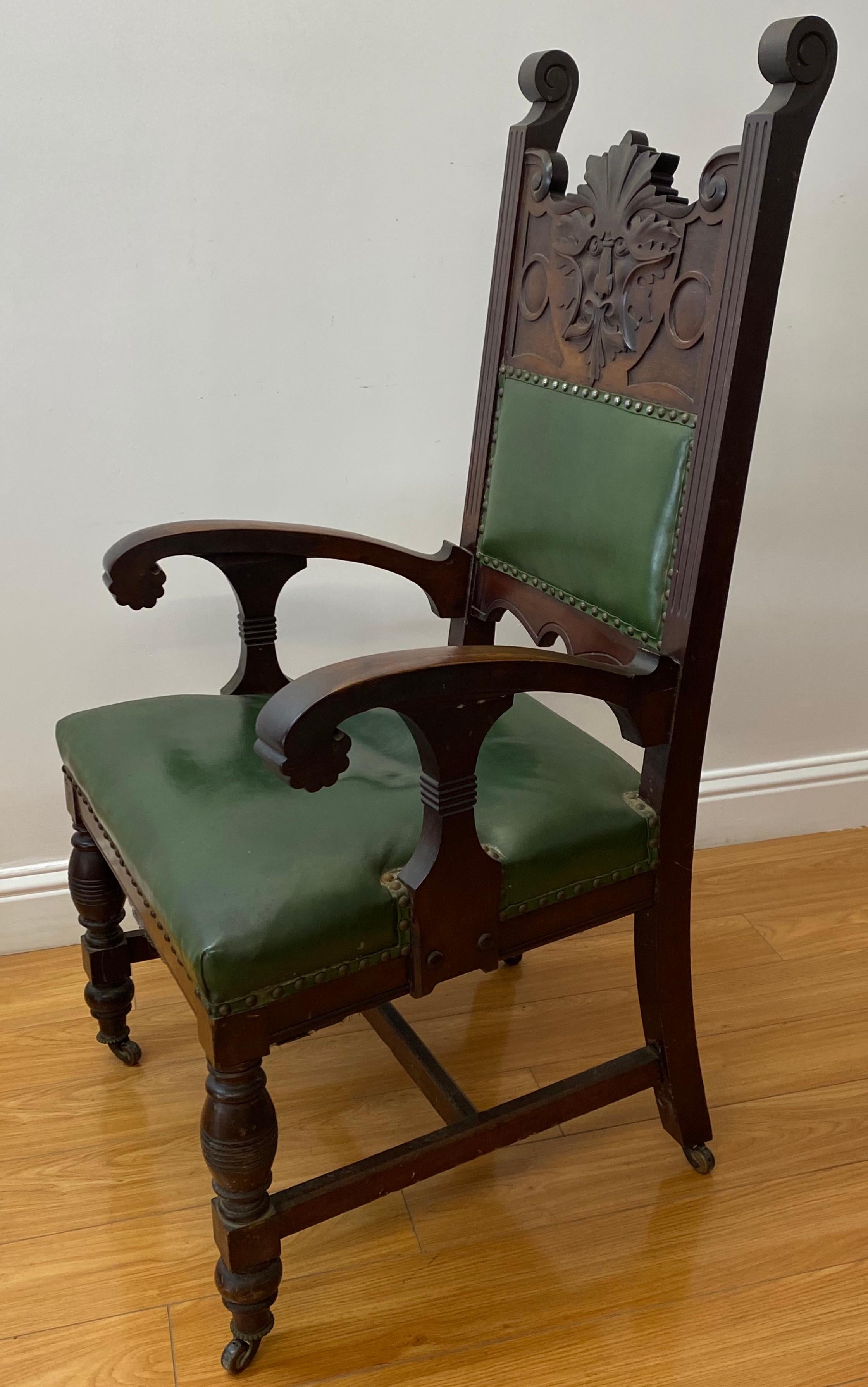 Eight Gothic Style Carved Mahogany Dining Chairs 19th C In Good Condition In San Francisco, CA