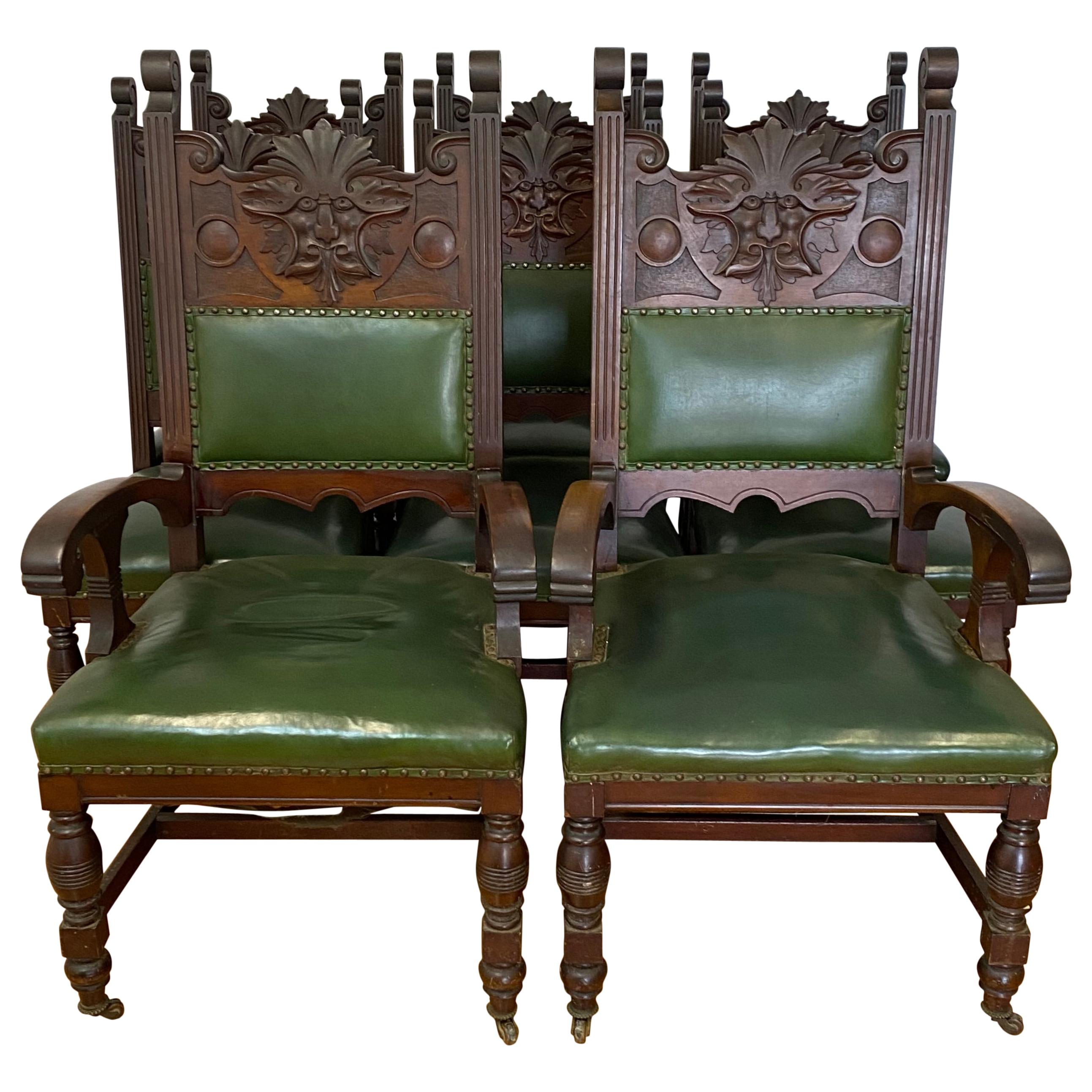 Eight Gothic Style Carved Mahogany Dining Chairs 19th C