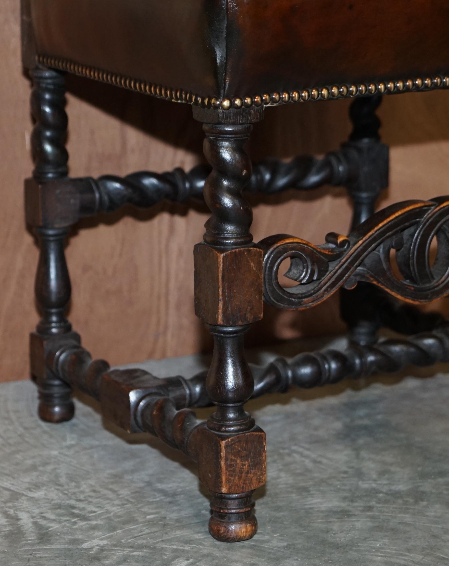 Eight Hand Carved Armorial Crest Coat of Arms Antique Jacobean Dining Chairs For Sale 1