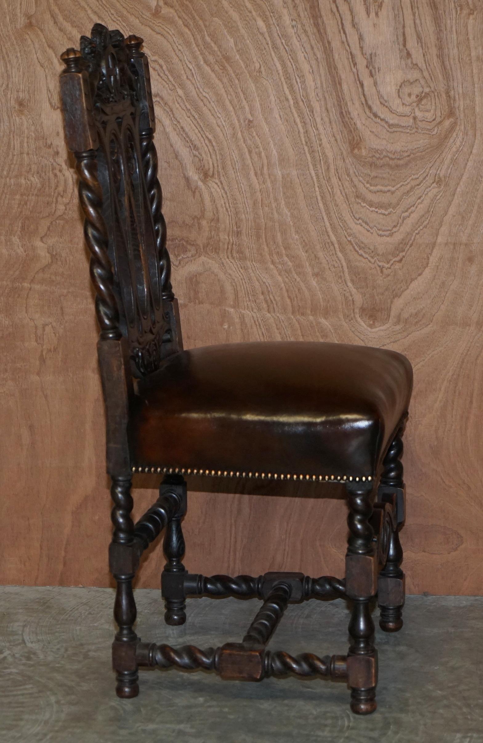 Eight Hand Carved Armorial Crest Coat of Arms Antique Jacobean Dining Chairs For Sale 2