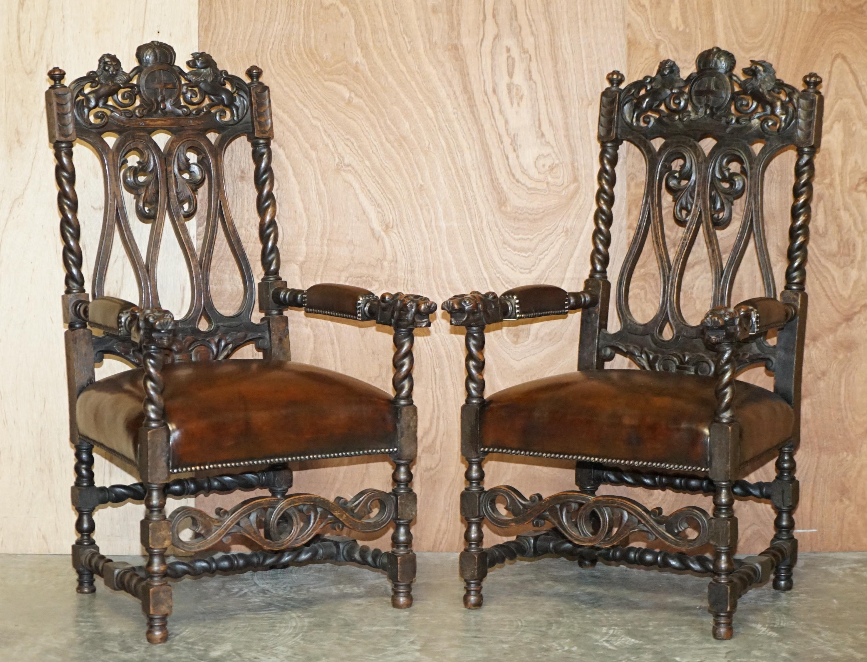 Eight Hand Carved Armorial Crest Coat of Arms Antique Jacobean Dining Chairs For Sale 5