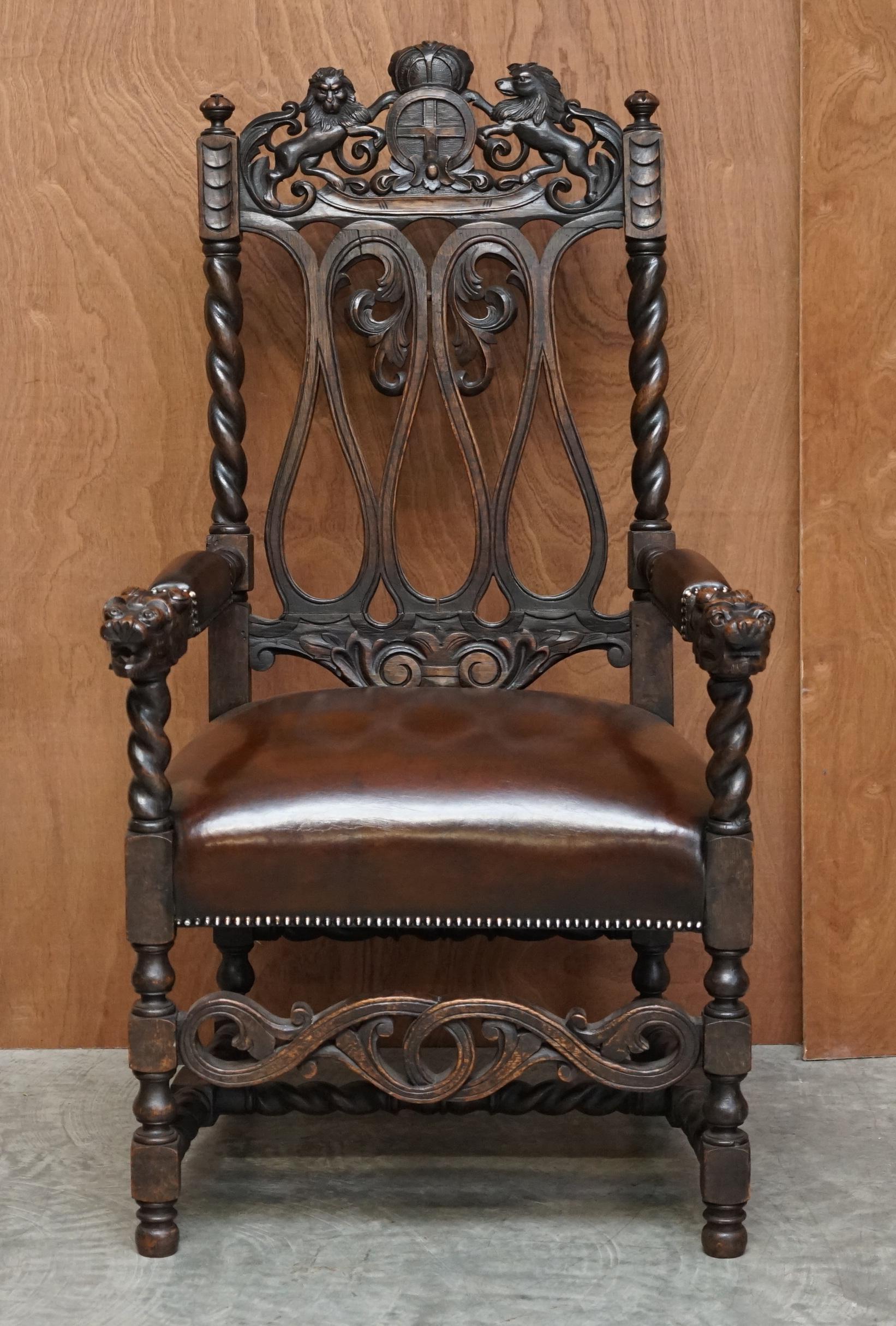Eight Hand Carved Armorial Crest Coat of Arms Antique Jacobean Dining Chairs For Sale 7