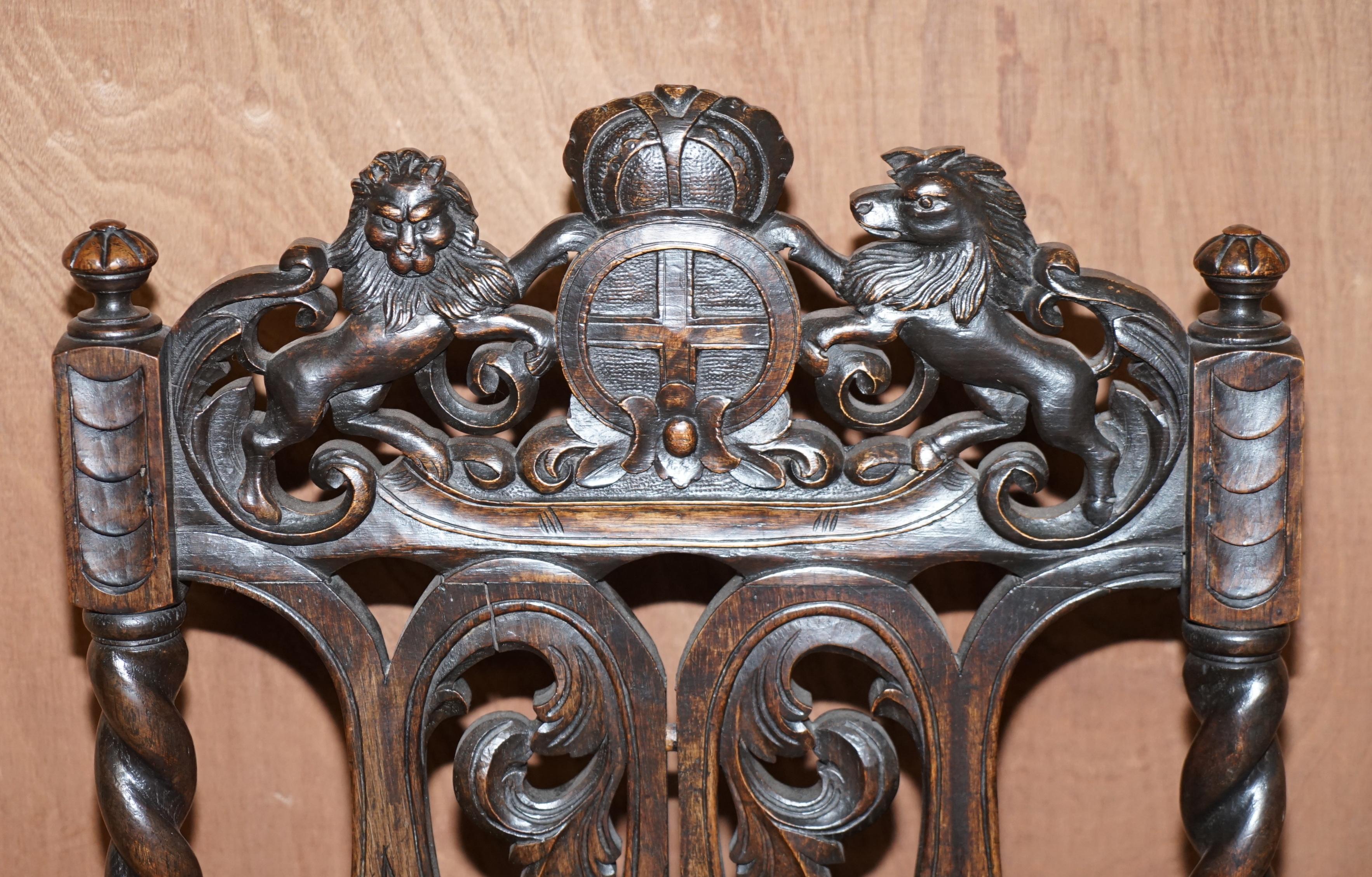 Eight Hand Carved Armorial Crest Coat of Arms Antique Jacobean Dining Chairs For Sale 7