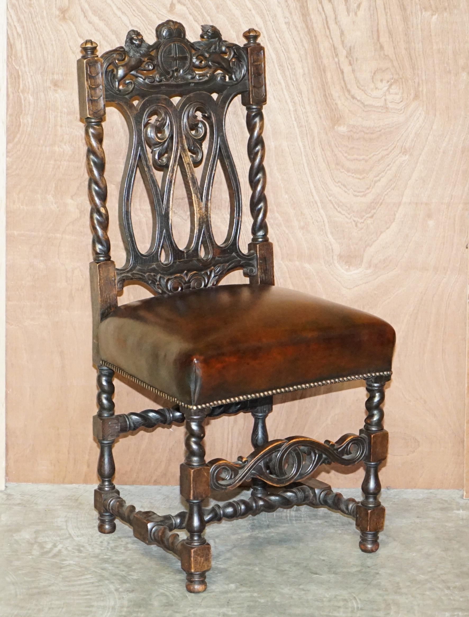 English Eight Hand Carved Armorial Crest Coat of Arms Antique Jacobean Dining Chairs For Sale