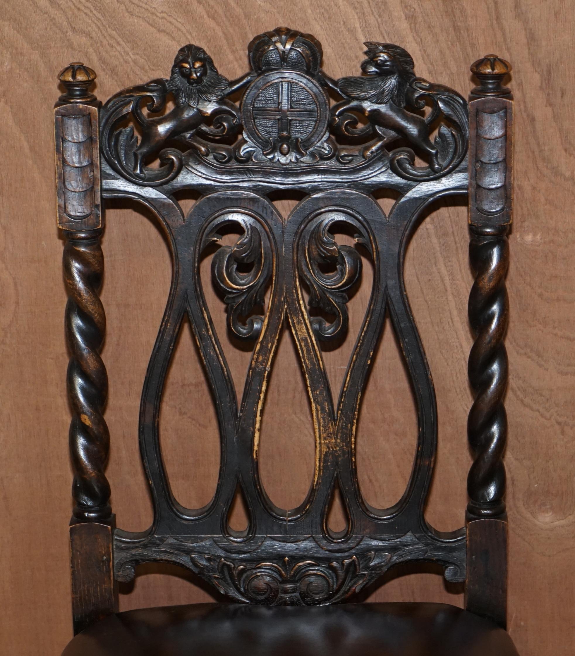 19th Century Eight Hand Carved Armorial Crest Coat of Arms Antique Jacobean Dining Chairs For Sale
