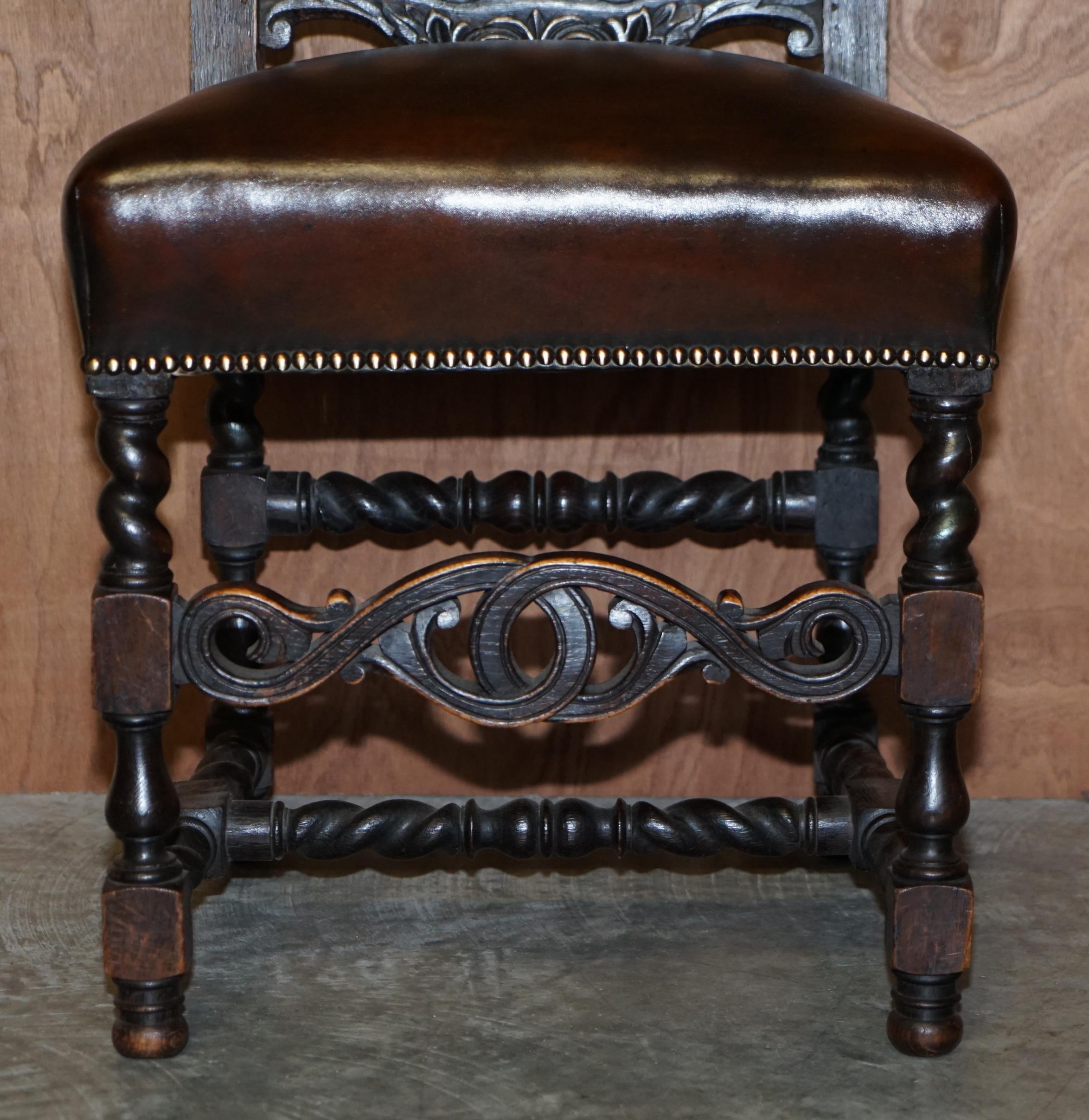 Leather Eight Hand Carved Armorial Crest Coat of Arms Antique Jacobean Dining Chairs For Sale