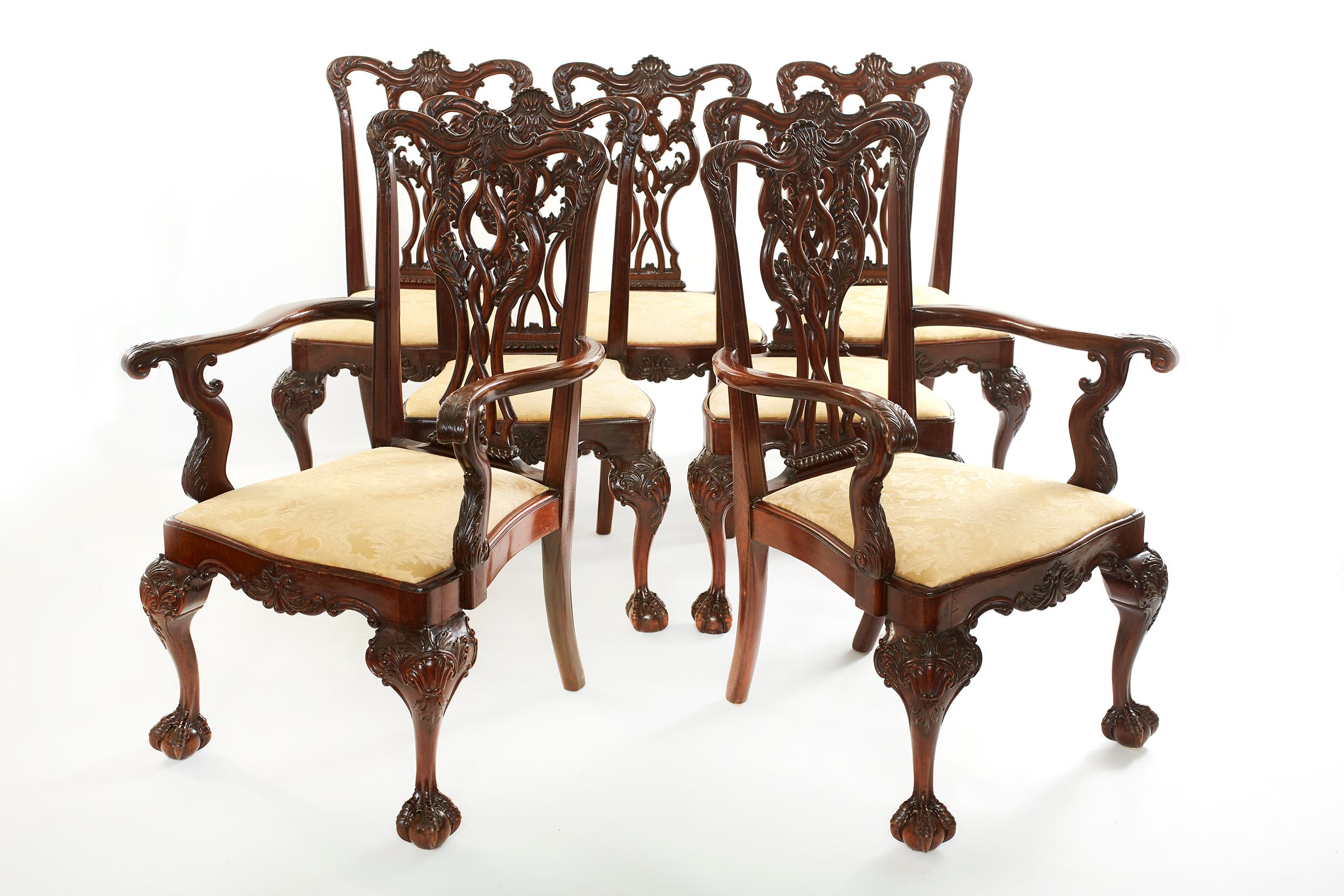 English Eight Hand Carved Mahogany Dining Chair Set