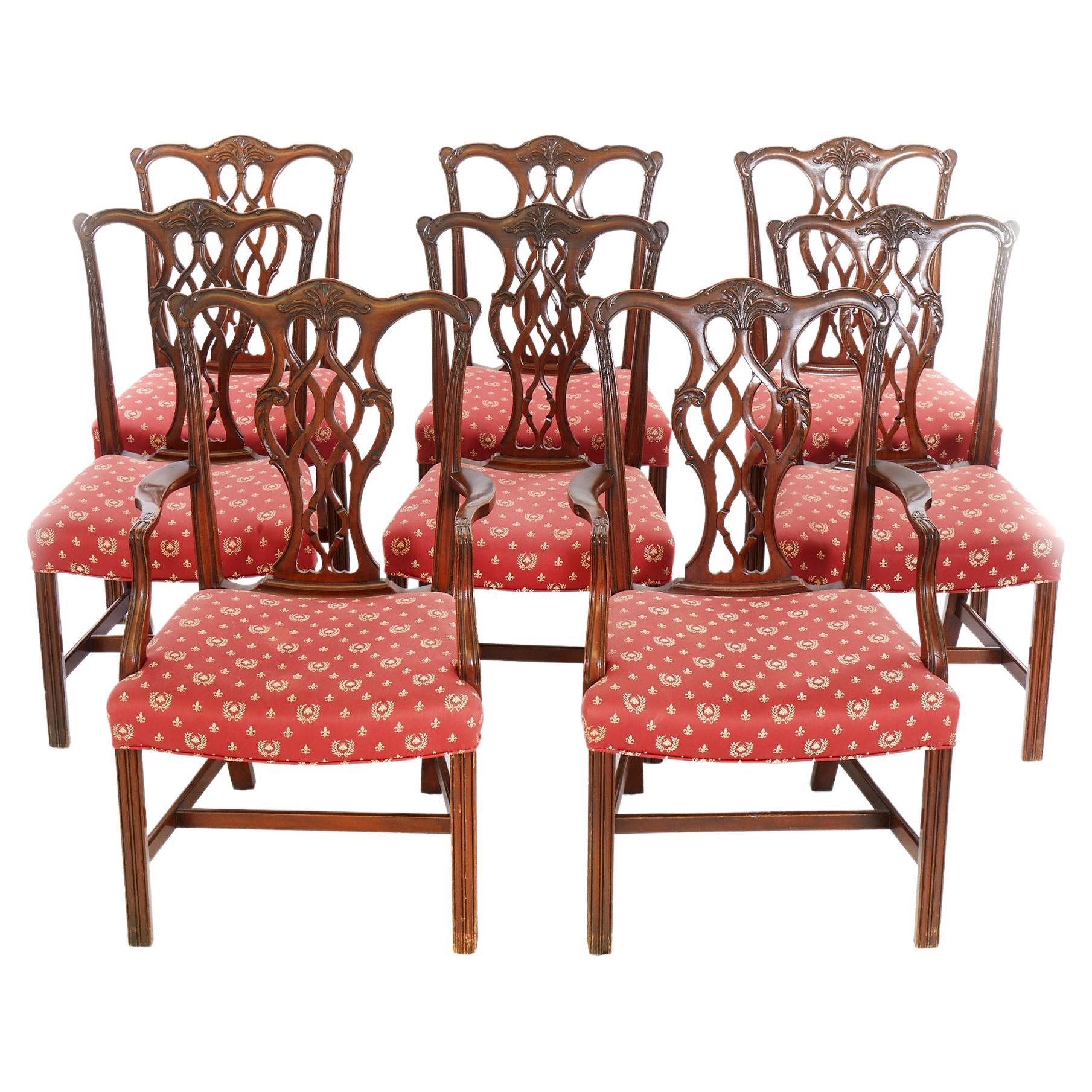 Eight Hand Carved Mahogany Dining Chair Set