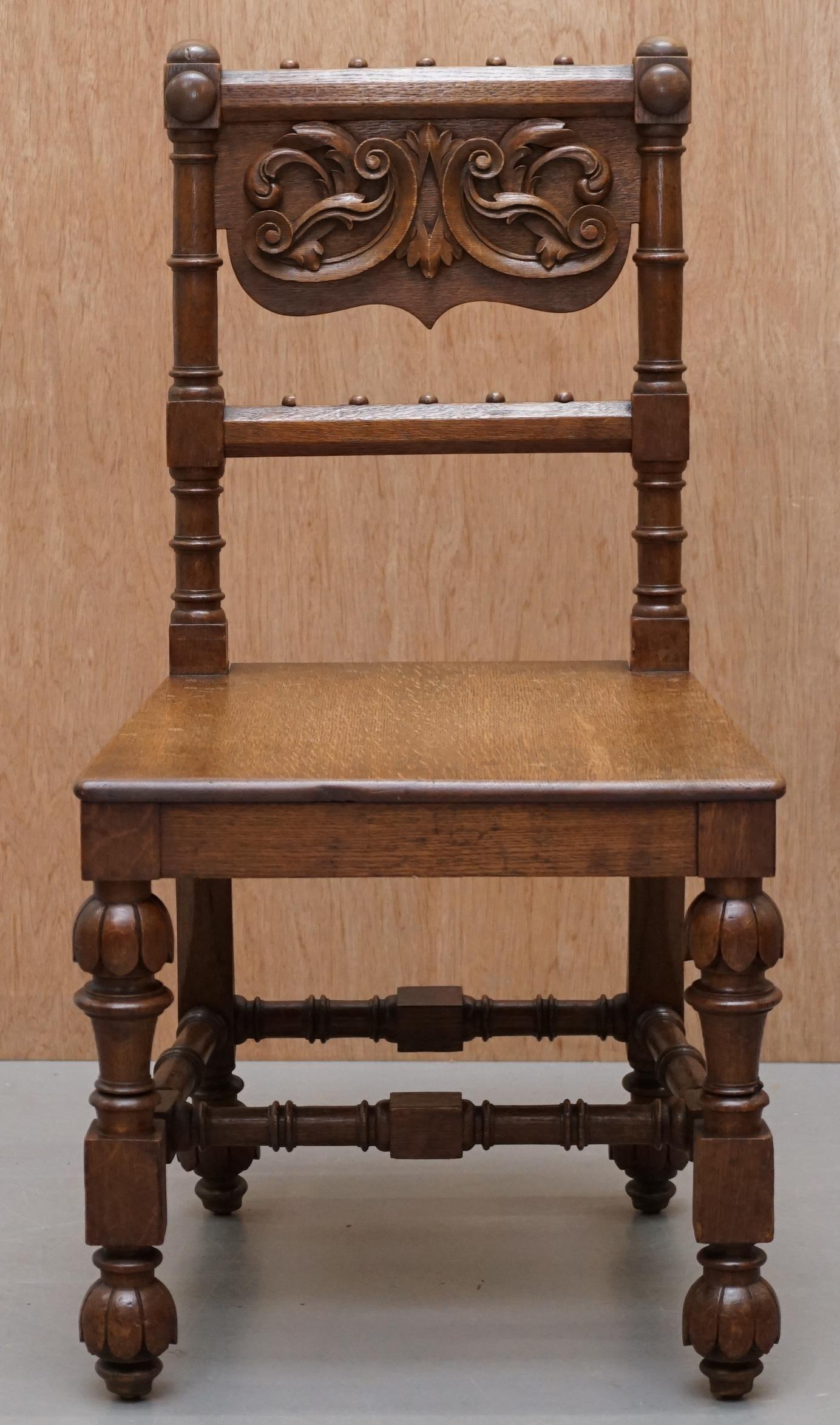 English Eight Hand Carved Walnut Gothic Revival Dining Chairs circa 1840 Stunning Frames For Sale