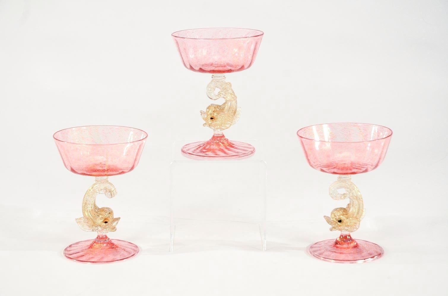 Blown Glass Eight Handblown Venetian/Murano Pink Rose Champagne Coupes with Figural Dolphins