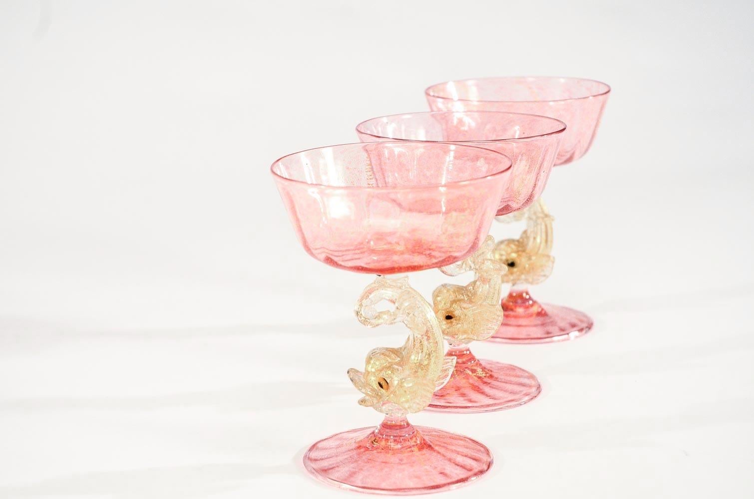 Eight Handblown Venetian/Murano Pink Rose Champagne Coupes with Figural Dolphins 1