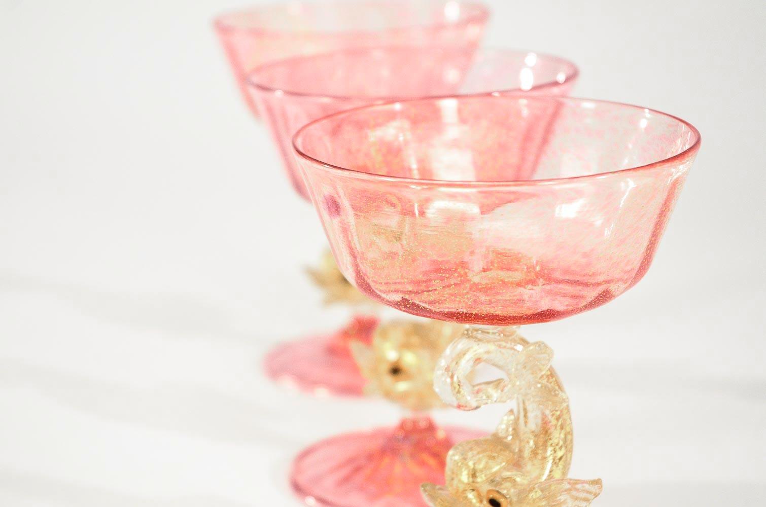 Eight Handblown Venetian/Murano Pink Rose Champagne Coupes with Figural Dolphins 2