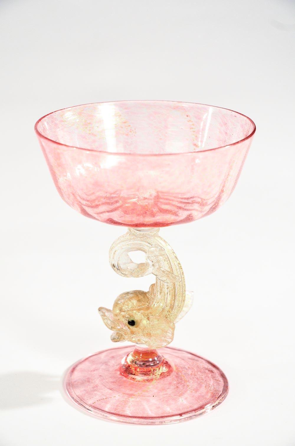 Italian Eight Handblown Venetian/Murano Pink Rose Champagne Coupes with Figural Dolphins