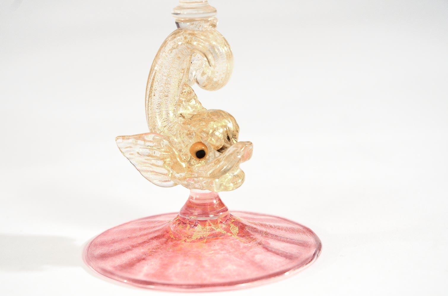 Gilt Eight Handblown Venetian/Murano Pink Rose Champagne Coupes with Figural Dolphins