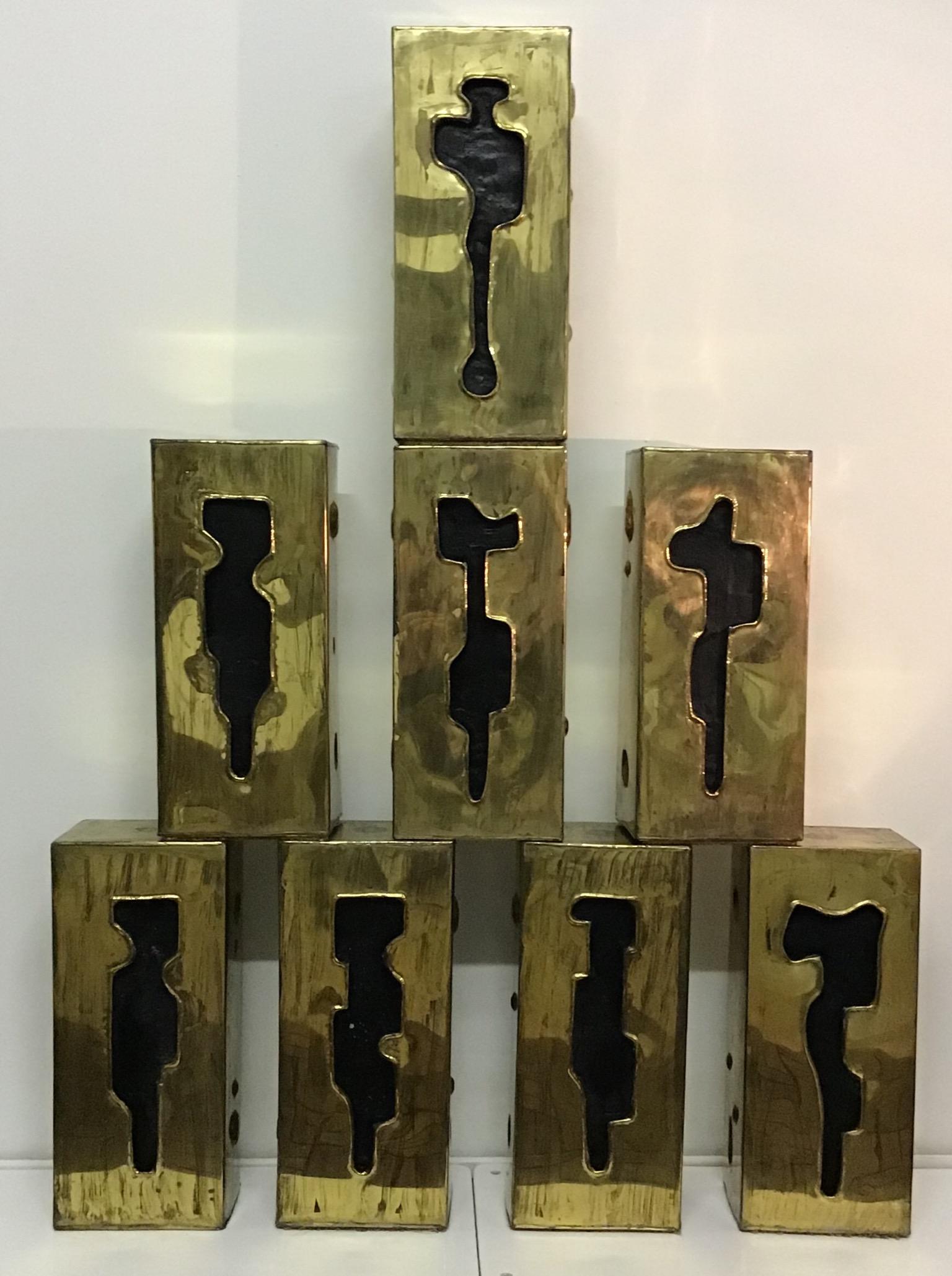 Eight brass art sculptures featured with unique black symbols, prob. by Paolozzi, Italy, circa 1920s.
Weight: each 24.5 ibs / 11.1 kilo.