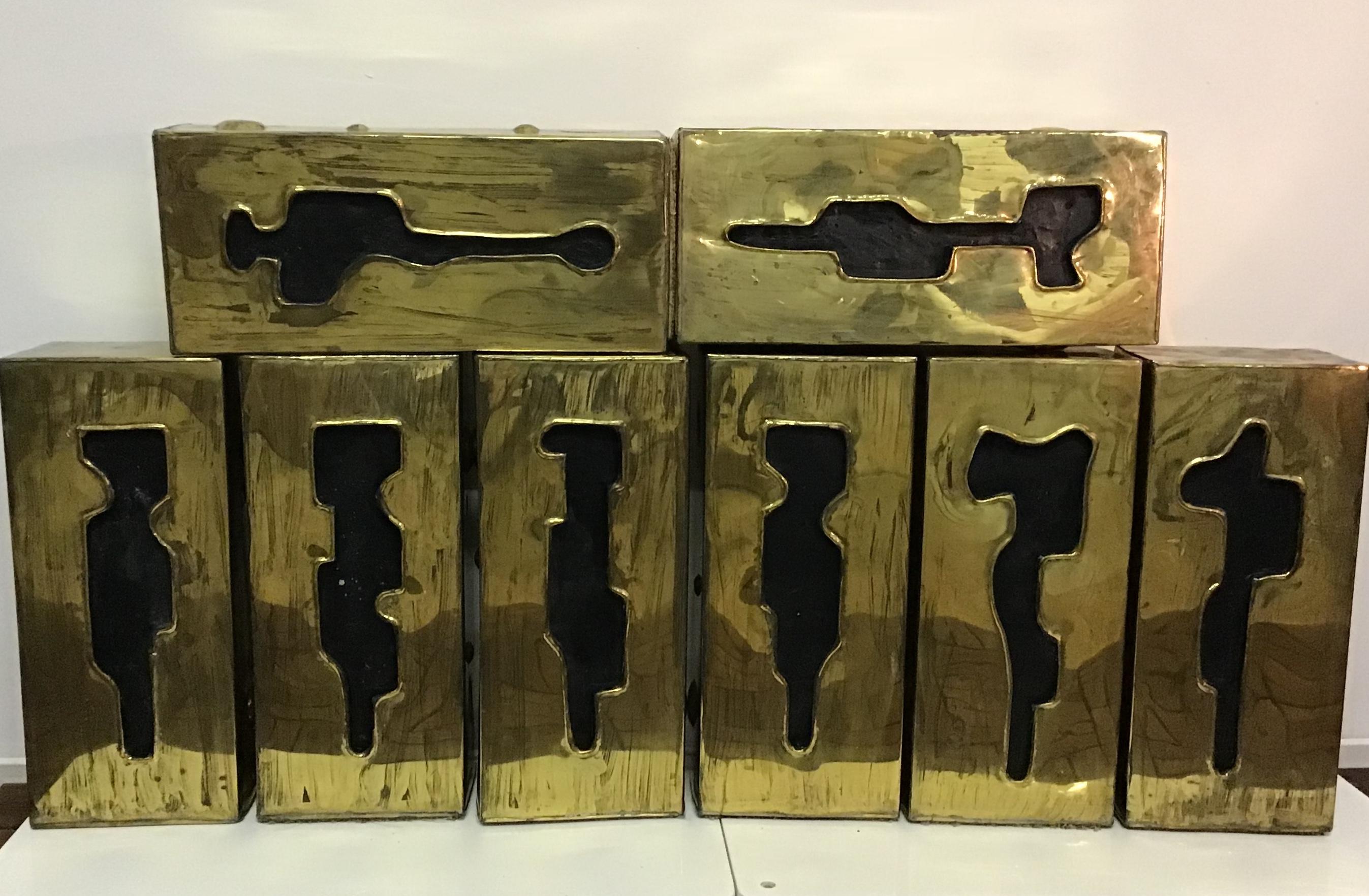 Mid-Century Modern Eight Heavy Golden Brass and Black Symbols Art Sculptures, Italy, circa 1950s For Sale