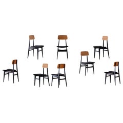 Eight Italian Dining Chairs in Suede Leather, Teak and Black Laquered Beech