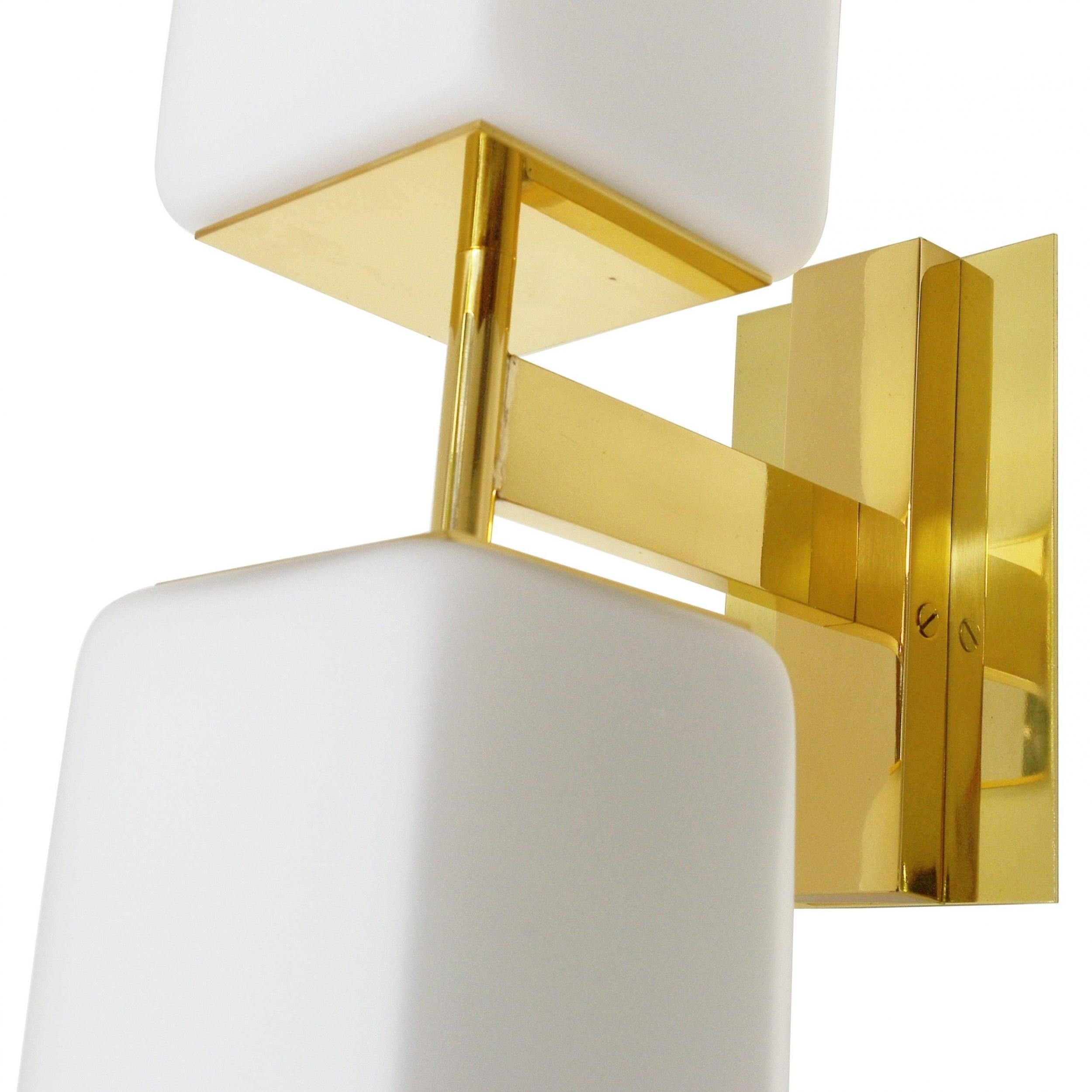 Late 20th Century Set of Eight Italian Modern Sconces w/ White Murano Glass on Brass, 1990s For Sale