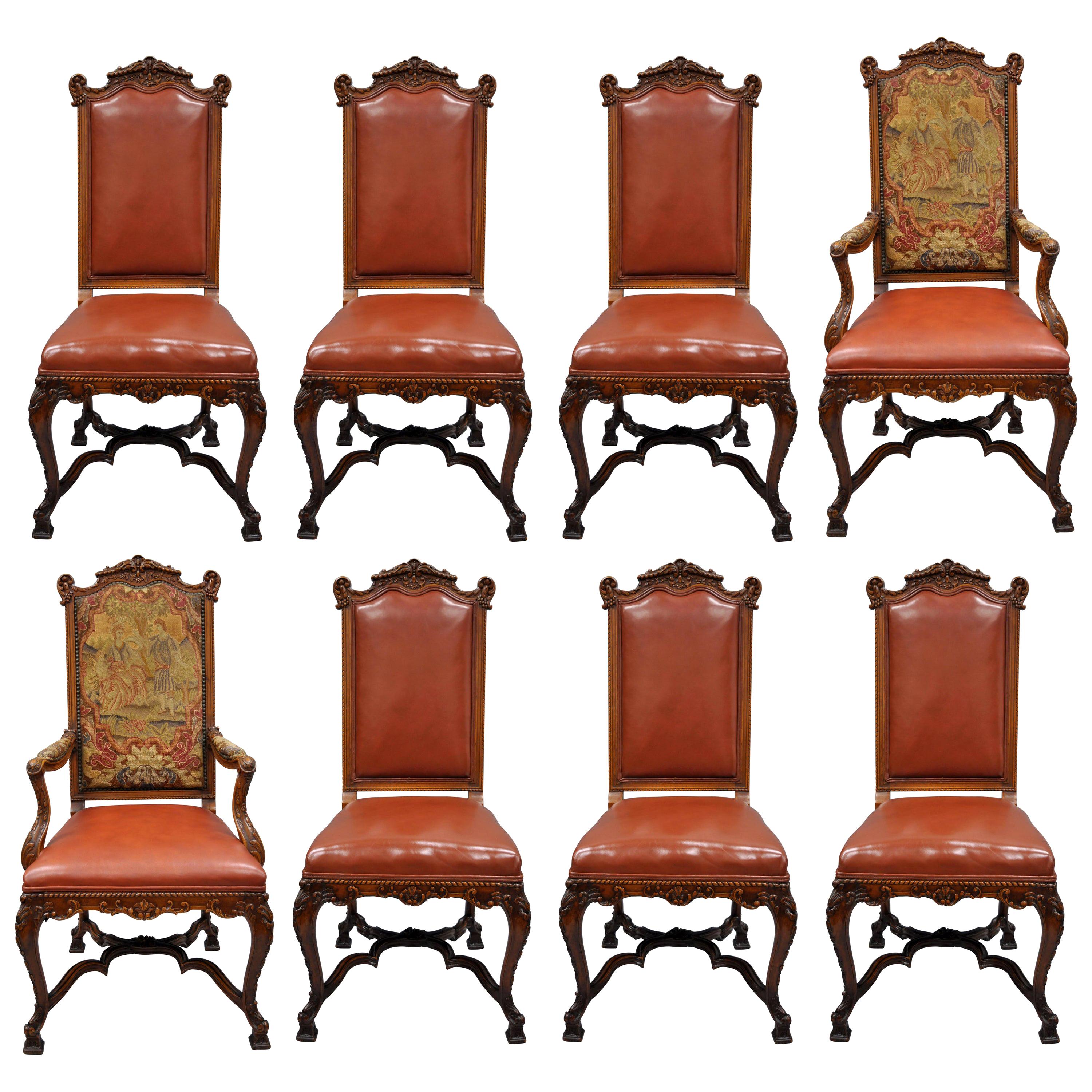 Eight Italian Renaissance Rococo Carved Walnut Needlepoint Leather Dining Chairs