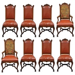 Eight Italian Renaissance Rococo Carved Walnut Needlepoint Leather Dining Chairs