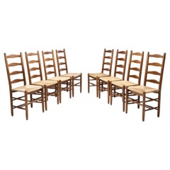Used Eight Ladderback Dining Chairs with Rush Seats, Europe late 20th century