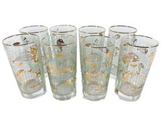 Eight Libbey Atomic Period Marine Life Highball Glasses in Gold-Tone Caddy