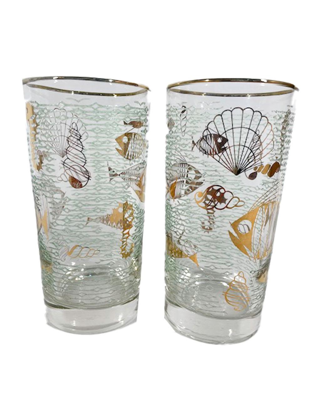 Mid-Century Modern Eight Libbey Atomic Period Marine Life Highball Glasses in Gold-Tone Caddy