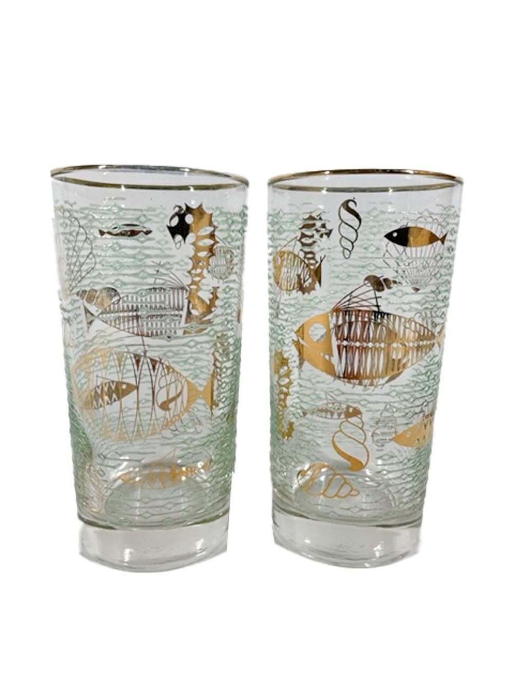 American Eight Libbey Atomic Period Marine Life Highball Glasses in Gold-Tone Caddy