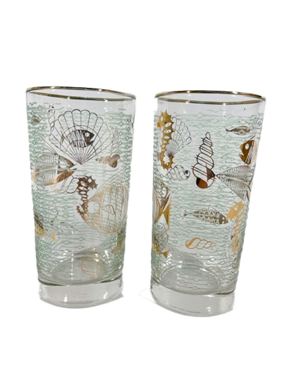 Eight Libbey Atomic Period Marine Life Highball Glasses in Gold-Tone Caddy In Good Condition In Nantucket, MA