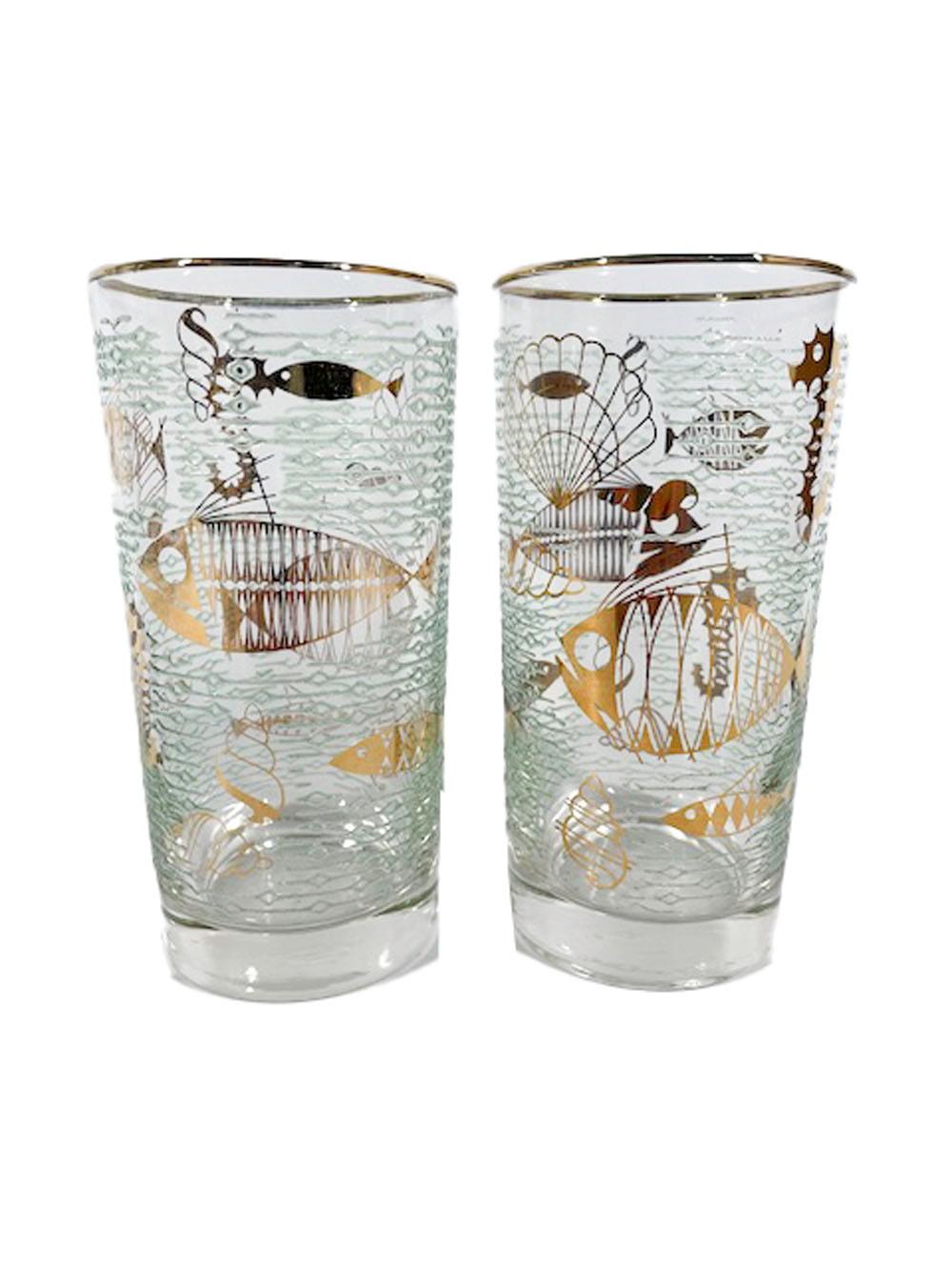 20th Century Eight Libbey Atomic Period Marine Life Highball Glasses in Gold-Tone Caddy