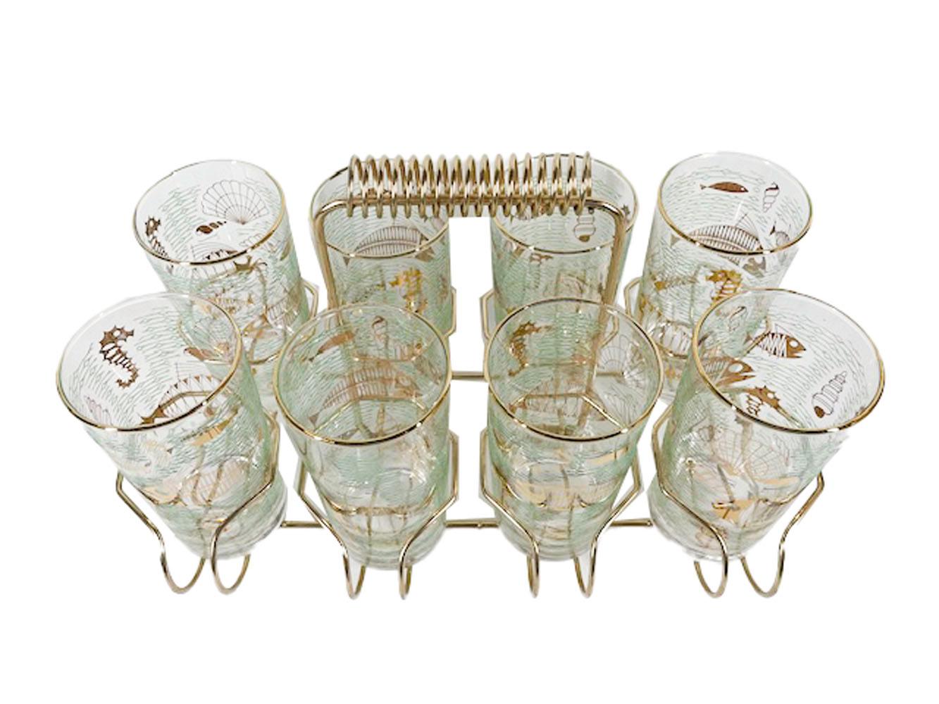 Metal Eight Libbey Atomic Period Marine Life Highball Glasses in Gold-Tone Caddy