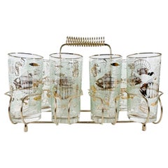 Eight Libbey Atomic Period Marine Life Highball Glasses in Gold-Tone Caddy