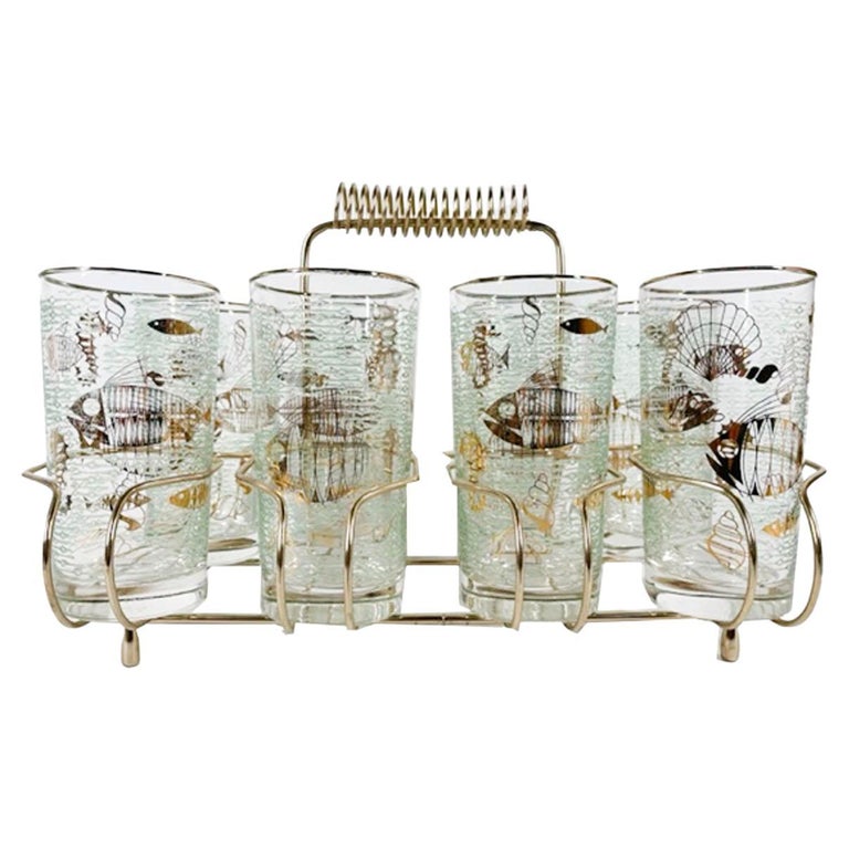 Eight Libbey Atomic Period Marine Life Highball Glasses in Gold-Tone Caddy  at 1stDibs | libbey atomic fish glasses