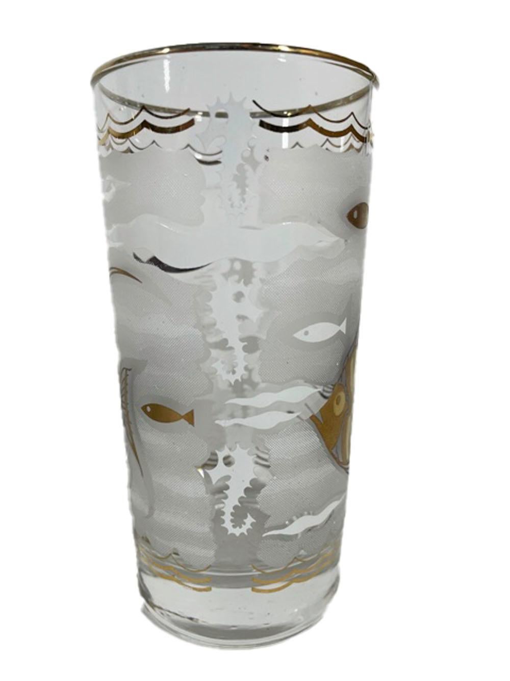 Mid-Century Modern Huit verres Libbey Highball avec poisson ange en or 22 carats sur fond dépoli en vente