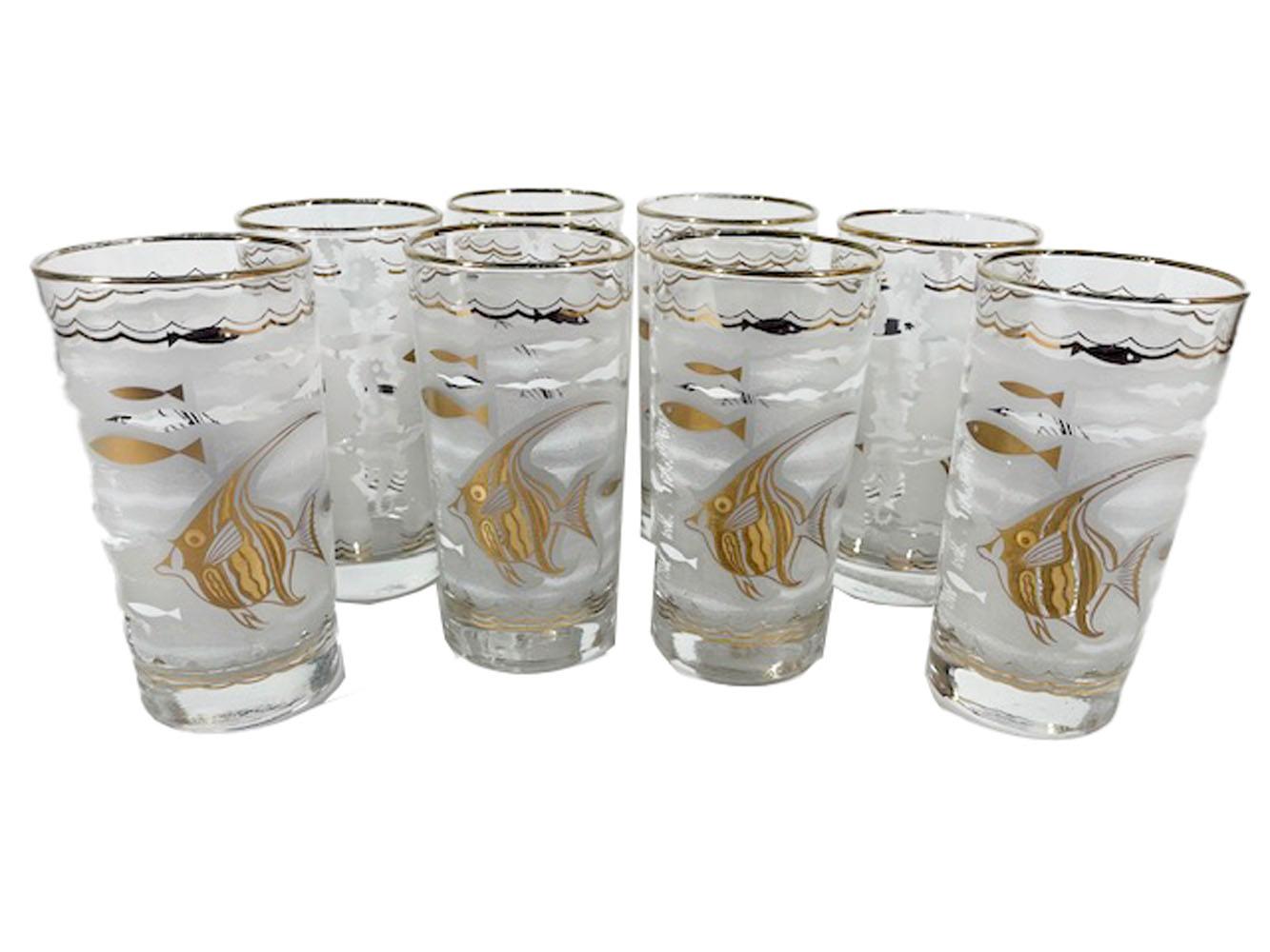 Huit verres Libbey Highball avec poisson ange en or 22 carats sur fond dépoli Bon état - En vente à Nantucket, MA