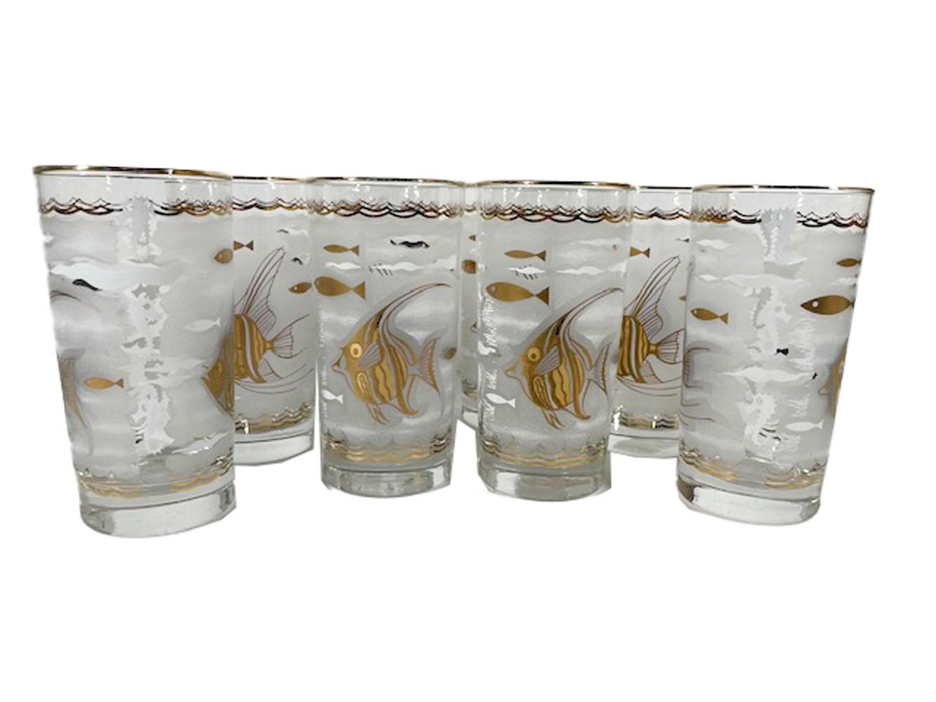 Mid-Century Modern Eight Libbey Highball Glasses with 22k Gold Angel Fish on Frosted Ground For Sale