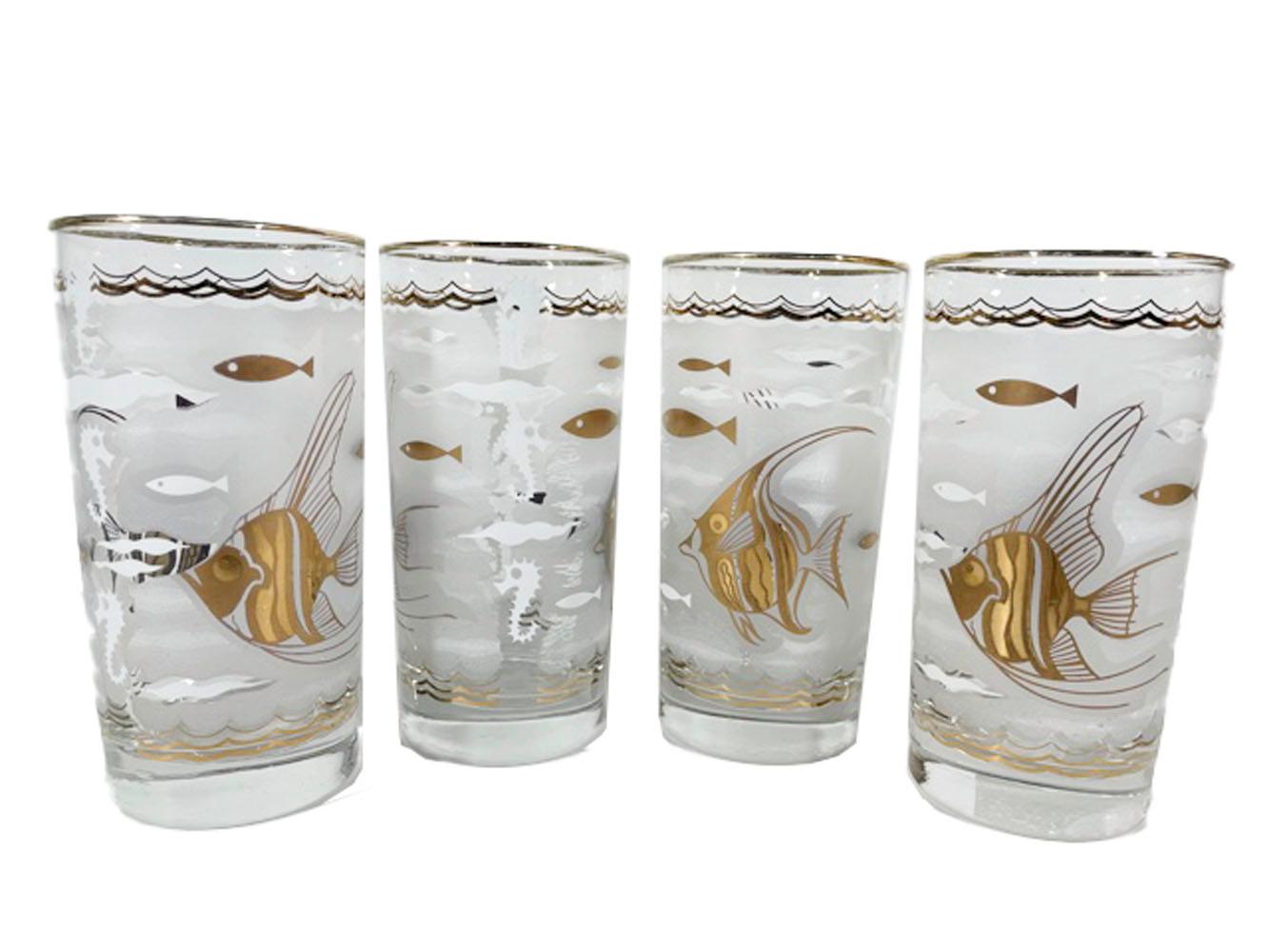 American Eight Libbey Highball Glasses with 22k Gold Angel Fish on Frosted Ground For Sale