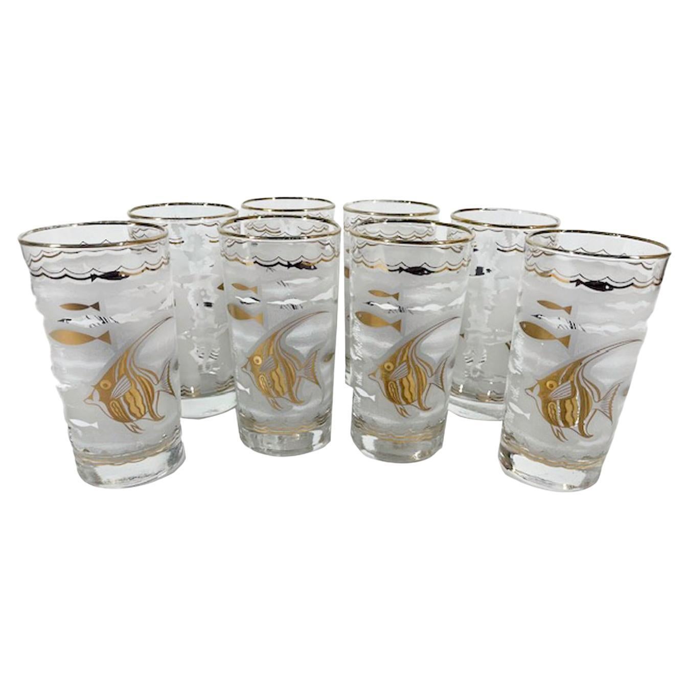 Eight Libbey Highball Glasses with 22k Gold Angel Fish on Frosted Ground