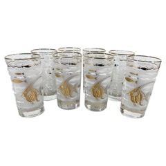 Eight Libbey Highball Glasses with 22k Gold Angel Fish on Frosted Ground