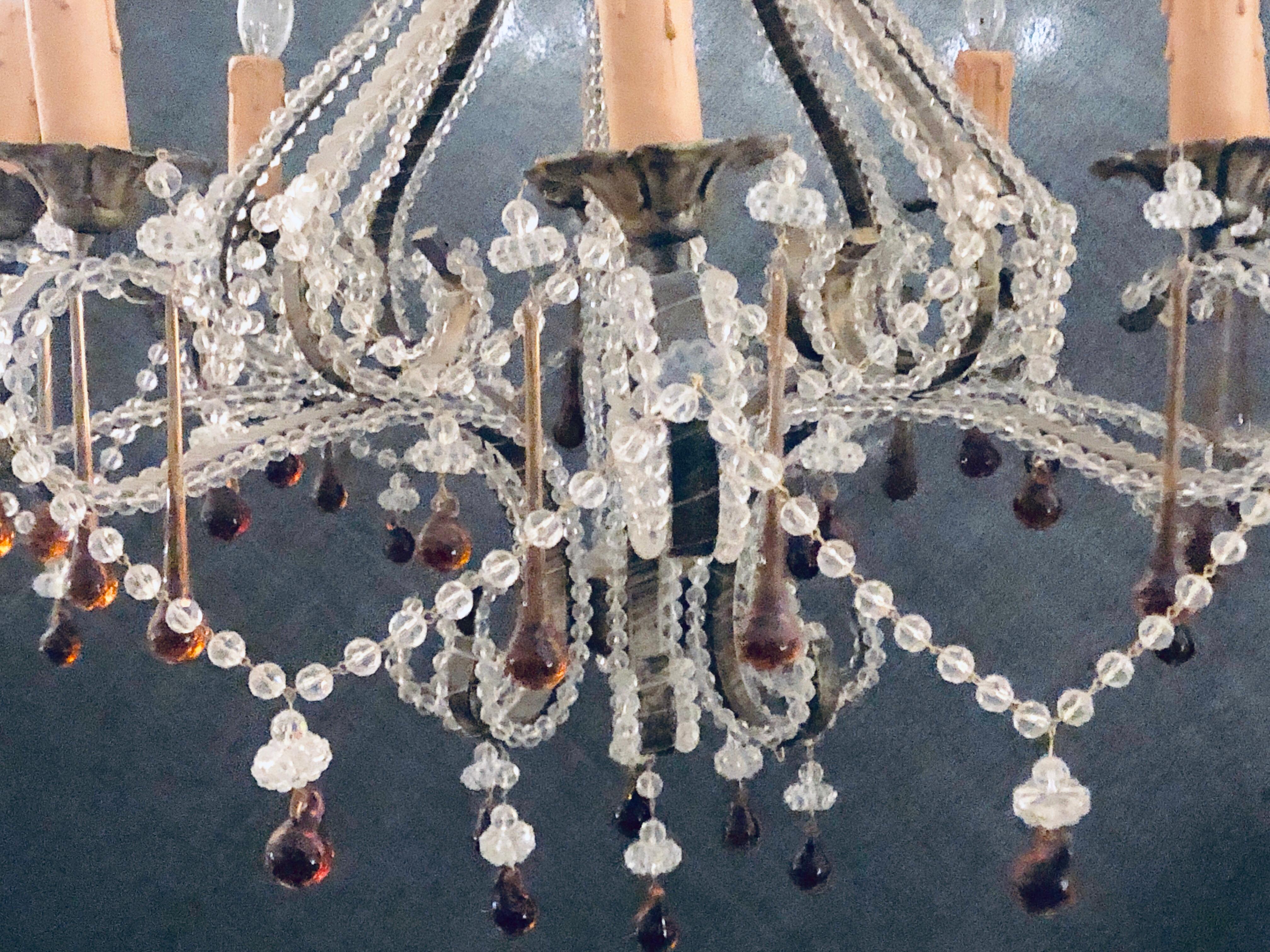 Eight Light Beaded Chandelier with Colored Tear Drop Prisms, circa 1960 3